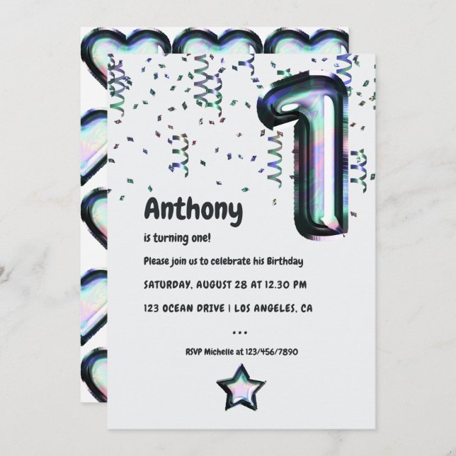 Faux Holographic Balloon 1st Birthday Invitation (Front/Back)