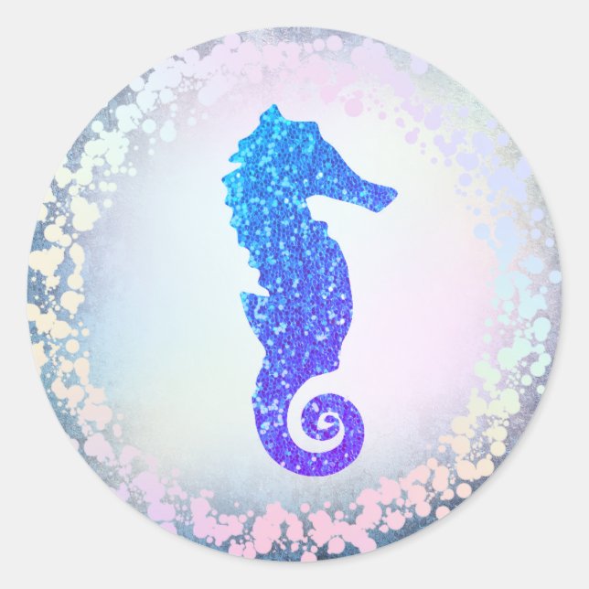 faux holographic blue seahorse logo classic round sticker (Front)