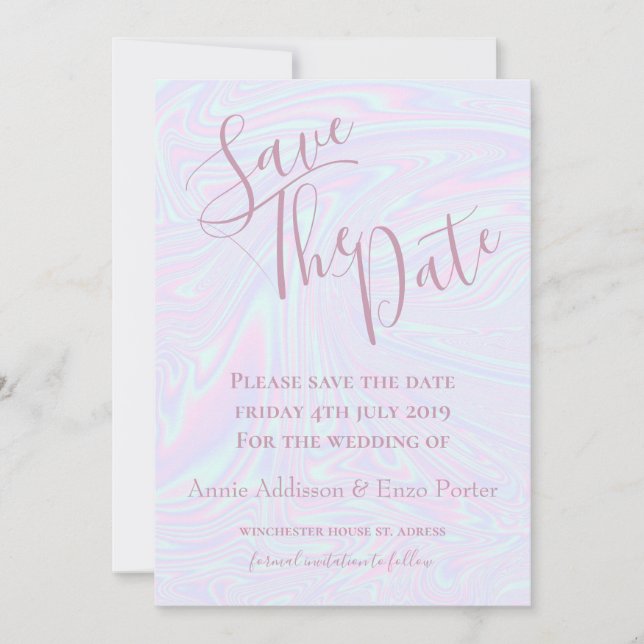 Faux holographic effect texture blue save the date (Front)