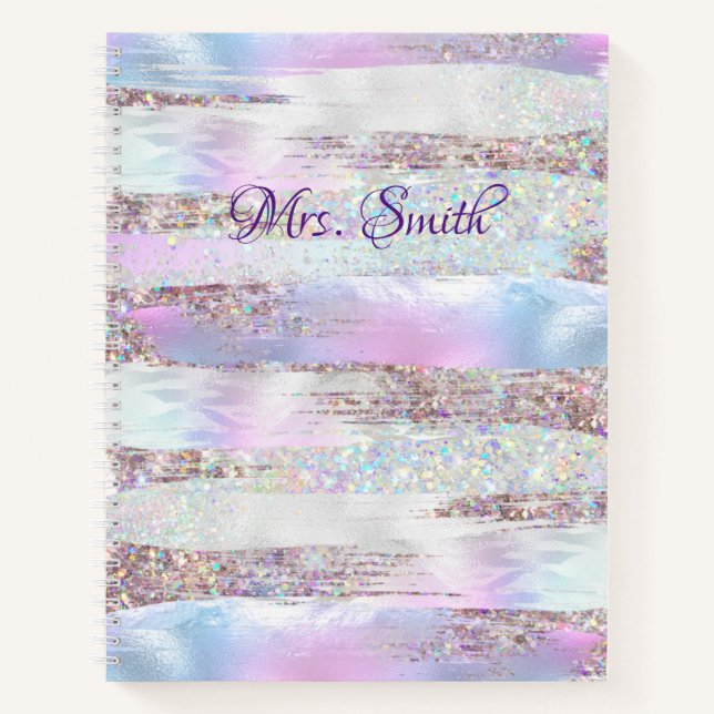 Faux Holographic Glitter Brush Strokes Pearl Ombre Notebook (Front)