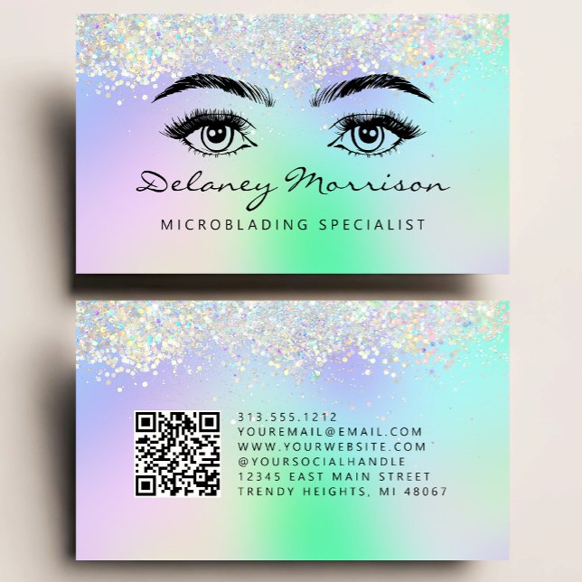 Faux Holographic Glitter Eyes QR Code Microblading Business Card (Creator Uploaded)