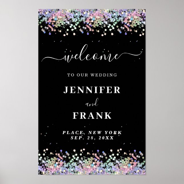 Faux Holographic Glitter Modern Black Welcome Poster (Front)