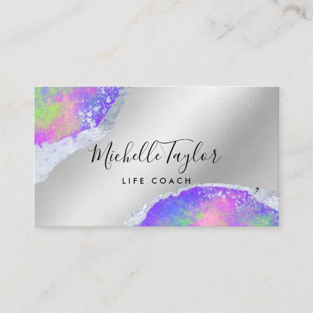 faux holographic iridescent opal stone elegant bus business card (Front)