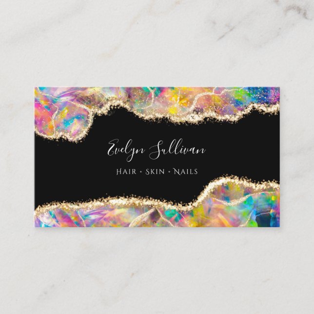 Faux holographic opal on black business card (Front)
