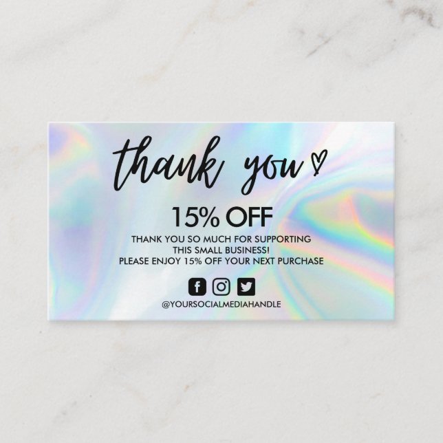 Faux Holographic Thank You Heart Business Card (Front)