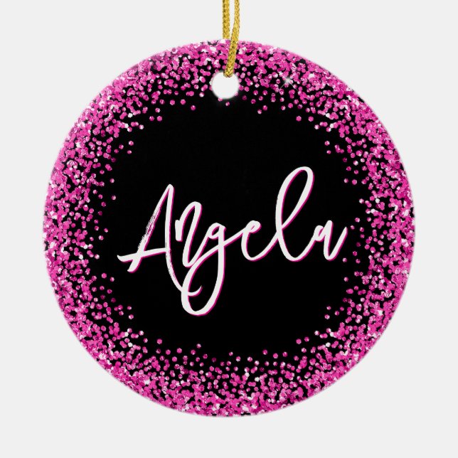 Faux Hot Pink Glitter Black Photo Ceramic Ornament (Front)
