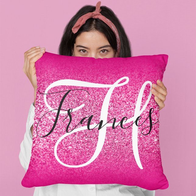 Faux Hot Pink Glitter Ombre Monogrammed Cushion (Creator Uploaded)