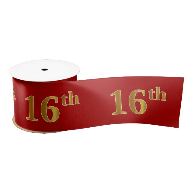 Faux/Imitation Gold Look "16th" Event Number (Red) Satin Ribbon (Spool)
