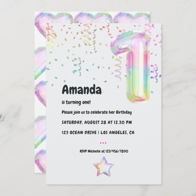 Faux Iridescent Balloon 1st Birthday Invitation (Front/Back)