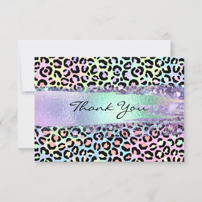 Faux Iridescent Foil Brush Stroke Rainbow Leopard Thank You Card (Front)