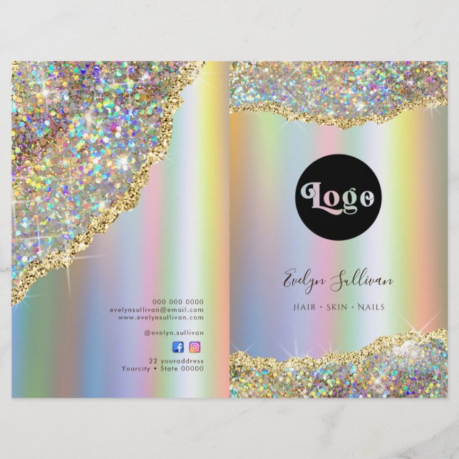 Faux iridescent glitter foil service menu brochure (Front)