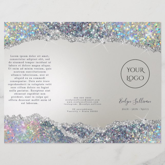 Faux iridescent silver glitter foil brochure (Front)
