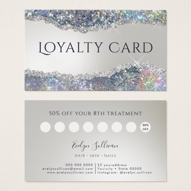 Faux iridescent silver glitter foil loyalty card (Front & Back)