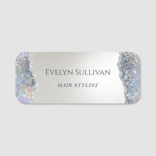 Faux iridescent silver glitter foil name tag