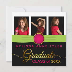 Faux Jewel and Ribbon Photo Graduation Invitation