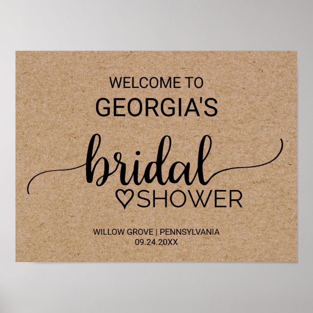Faux Kraft Calligraphy Bridal Shower Welcome Poster (Front)