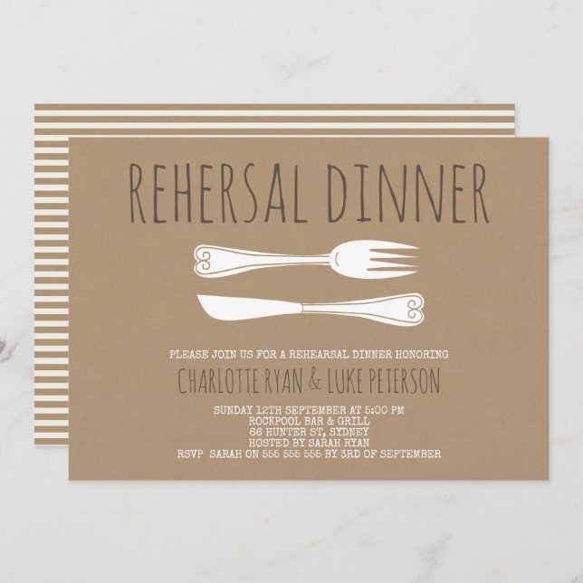 Faux Kraft Cutlery Rehearsal Dinner Invitation (Front/Back)