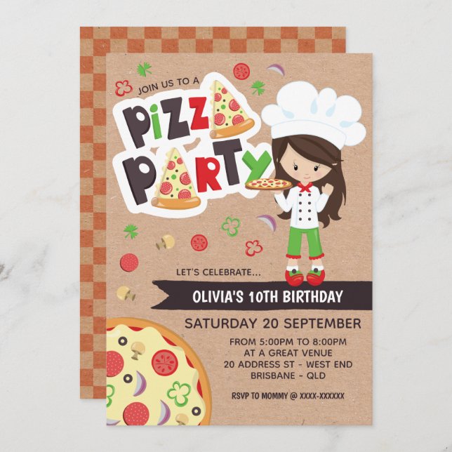 Faux Kraft Girl Pizza Party Birthday Invitation (Front/Back)