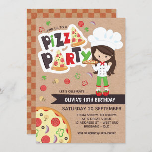 Faux Kraft Girl Pizza Party Birthday Invitation