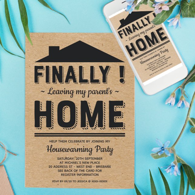 Faux Kraft Leave Parents Funny Housewarming Party Invitation (Inspired on a truth story! :-D)