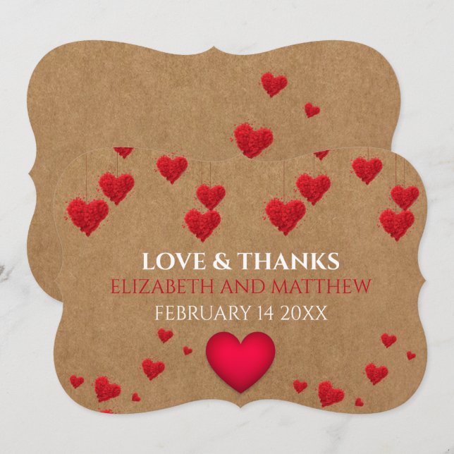 Faux Kraft Red Hearts Valentines Love and Thanks Invitation (Front/Back)