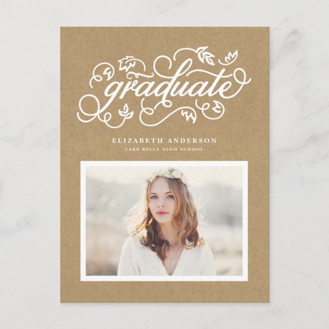 Faux Kraft Rustic Calligraphy Photo Graduation Announcement Postcard (Front)
