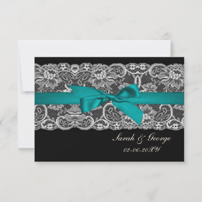 Faux lace and ribbon aqua , black  3.5 x 5 rsvp (Front)