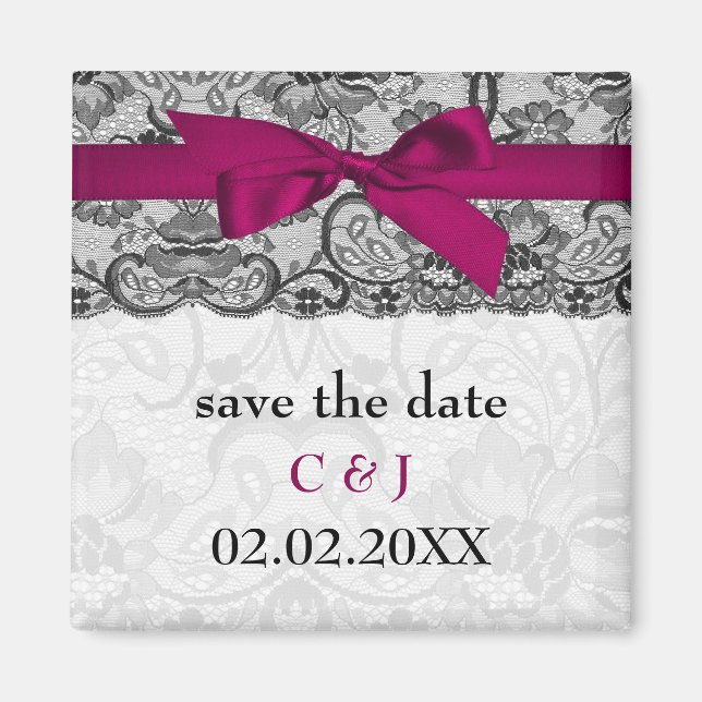 Faux lace and ribbon pink, black  save the date magnet (Front)