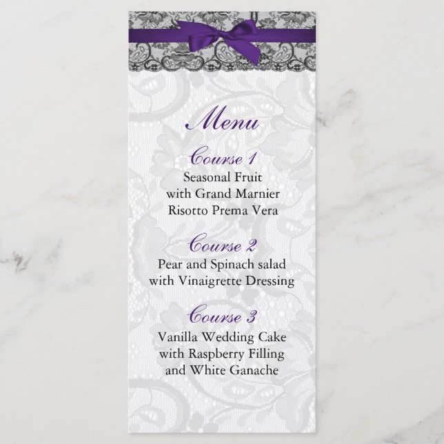 Faux lace and ribbon purple black  wedding Menu (Front)