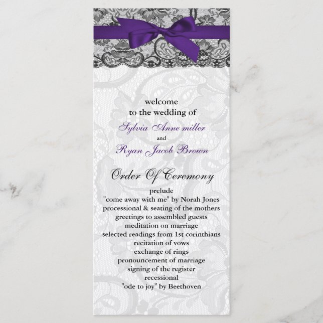 Faux lace and ribbon purple black wedding programs (Front)