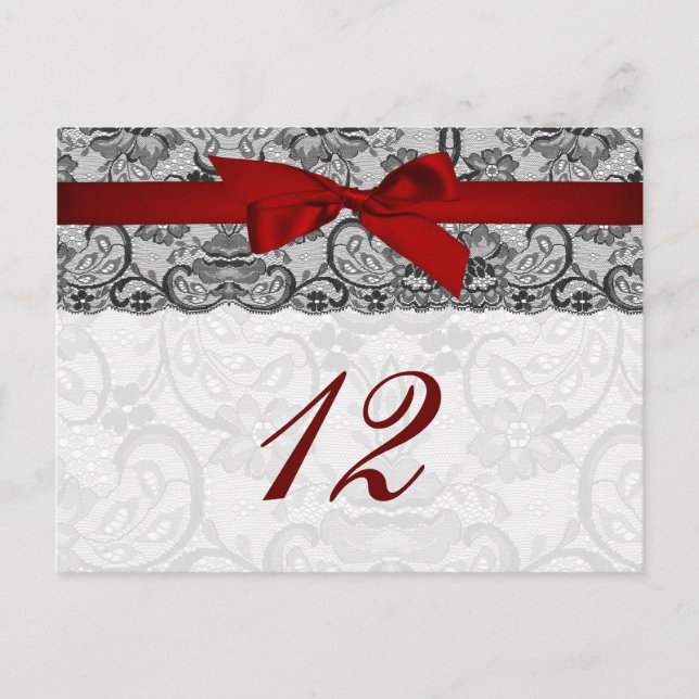 Faux lace and ribbon red, black table number cards (Front)