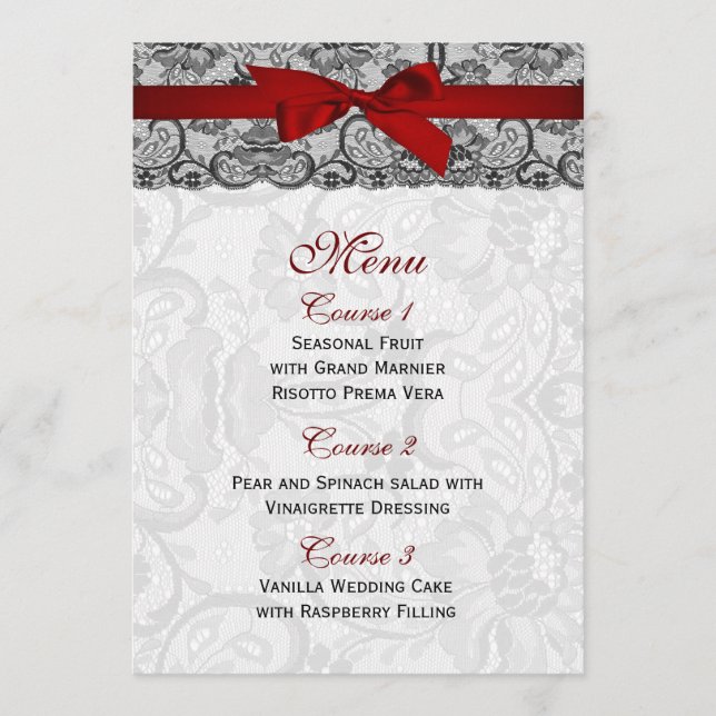 Faux lace and ribbon red ,black  wedding Menu (Front)