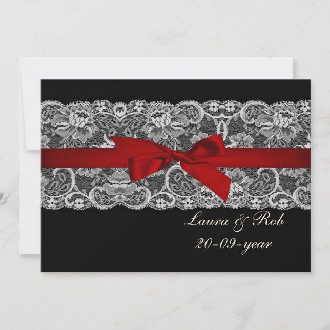 Faux lace and ribbon red ,black  wedding Thank You (Front)