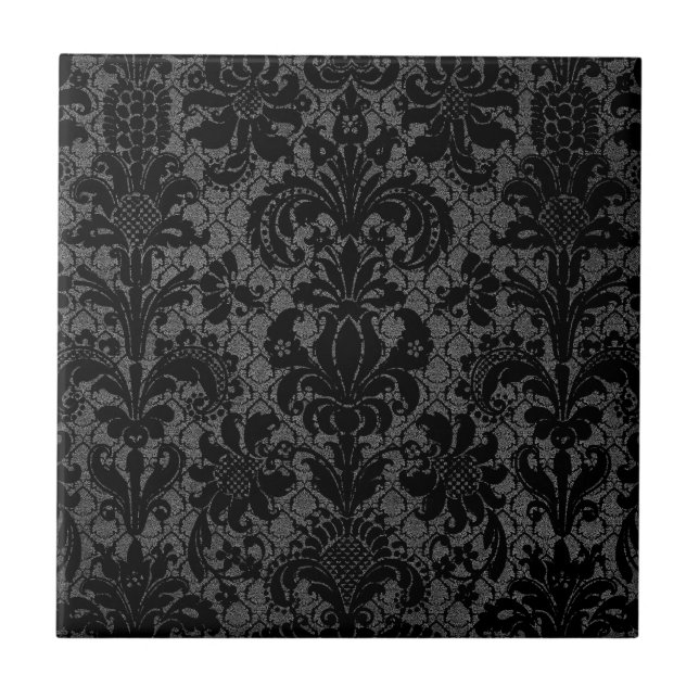 faux lace black grey damask pattern ceramic tile (Front)
