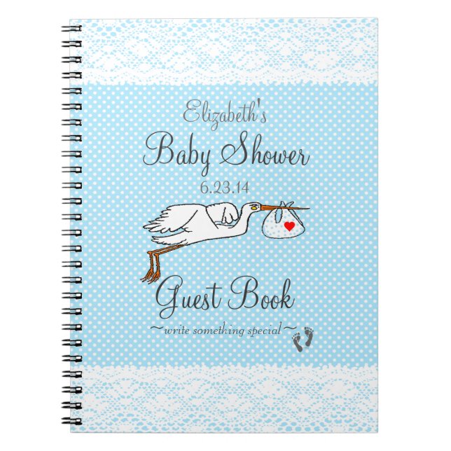 Faux Lace, Stork Blue Baby Shower Guest Book- Notebook (Front)