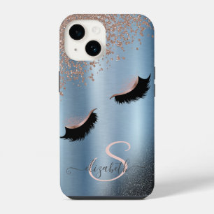 Faux Lashes Black Glitter Diamonds Rose Gold,Blue iPhone 14 Case