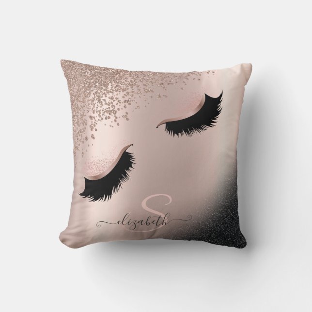 Faux Lashes Black Glitter Diamonds Rose Gold Cushion (Front)