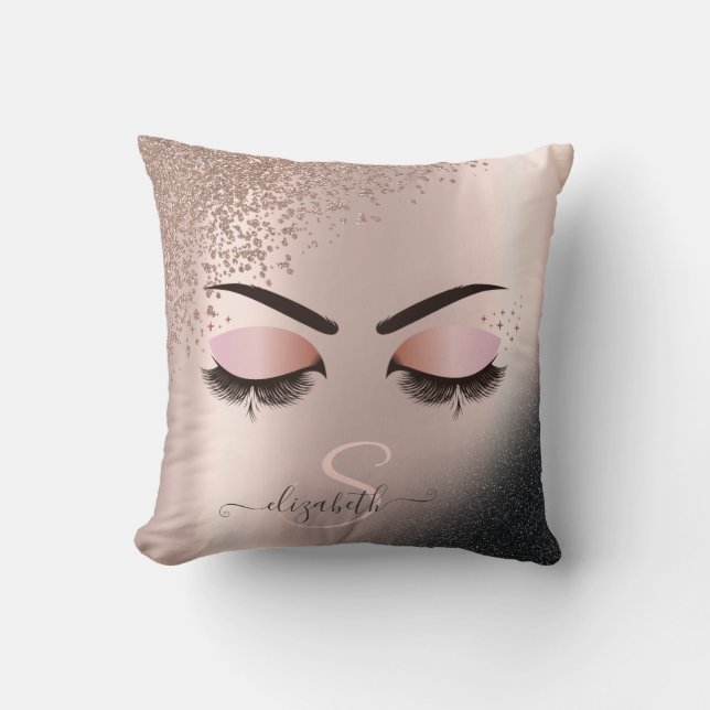 Faux Lashes Black Rose Gold Glitter Diamonds Cushion (Front)