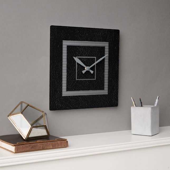 Faux Leather Black Grey Modern  Square Wall Clock (Office)