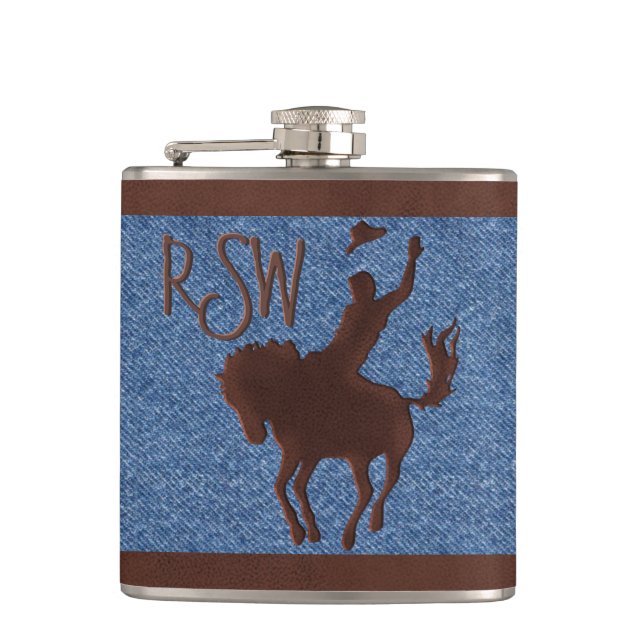 Faux Leather Cowboy on Horse (Personalised) Hip Flask (Front)