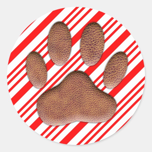 Faux Leather Dog Pawprint Candy Cane Classic Round Sticker (Front)