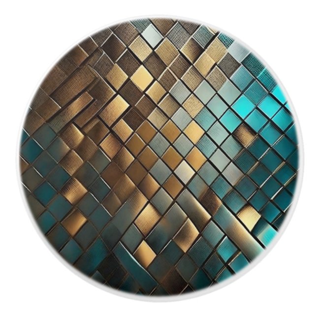 Faux Leather Dragon Scales Teal and Gold Ceramic Knob (Front)