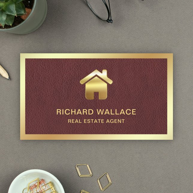 Faux Leather Gold Foil Home Logo Real Estate Agent Business Card (Creator Uploaded)