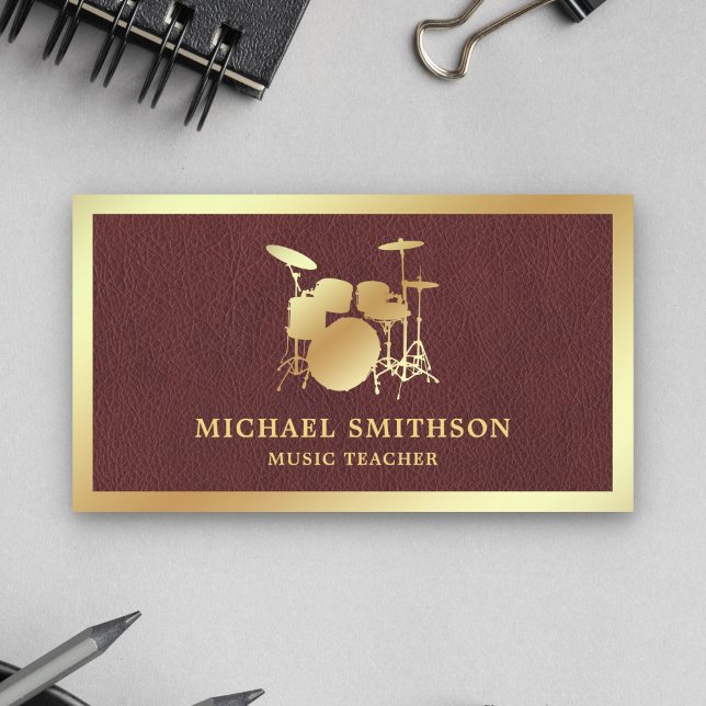 Faux Leather Music Teacher Gold Drum Kit Drummer Business Card (Creator Uploaded)