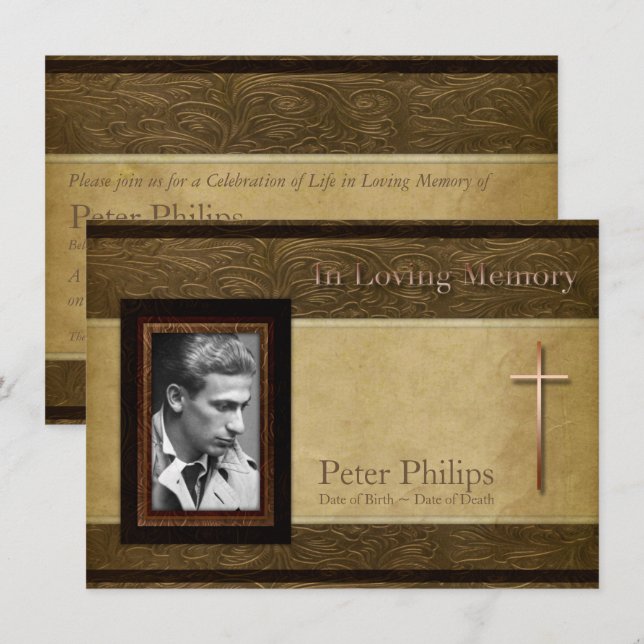 Faux leather parchment C Photo Memorial Service Invitation (Front/Back)