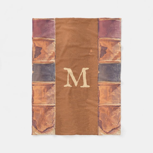 Faux Leather Vintage Antique Book Monogram Fleece Blanket (Front)