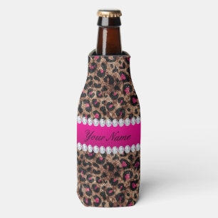Faux Leopard Hot Pink Rose Gold Foil and Diamonds Bottle Cooler