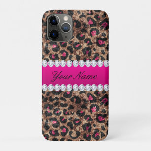 Faux Leopard Hot Pink Rose Gold Foil and Diamonds iPhone 11 Pro Case