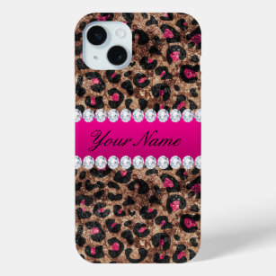 Faux Leopard Hot Pink Rose Gold Foil and Diamonds iPhone 15 Mini Case