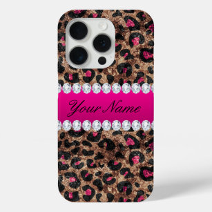 Faux Leopard Hot Pink Rose Gold Foil and Diamonds iPhone 15 Pro Case